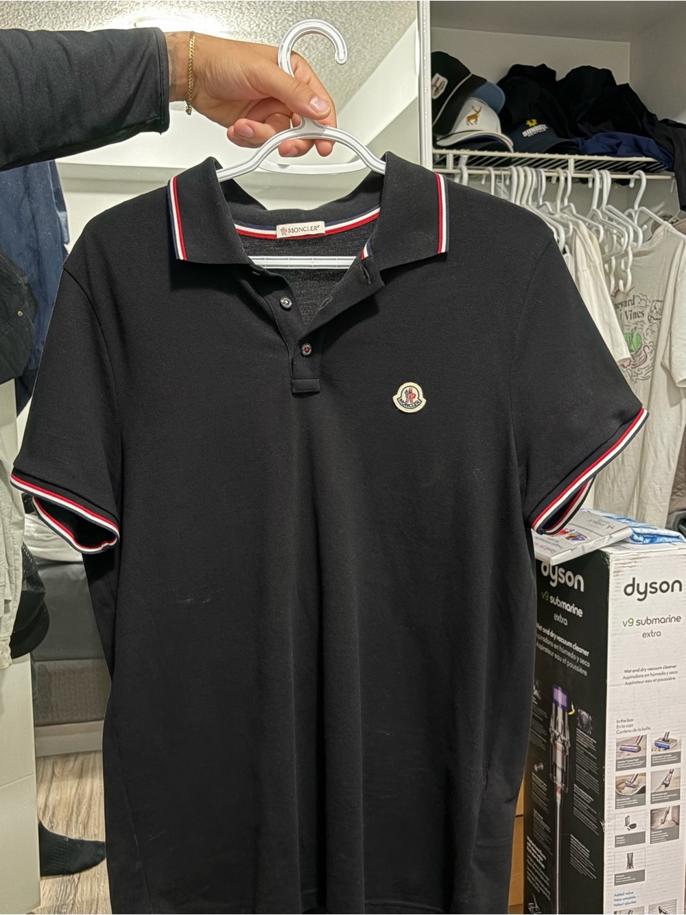 Moncler Black Polo with Red and White Trim